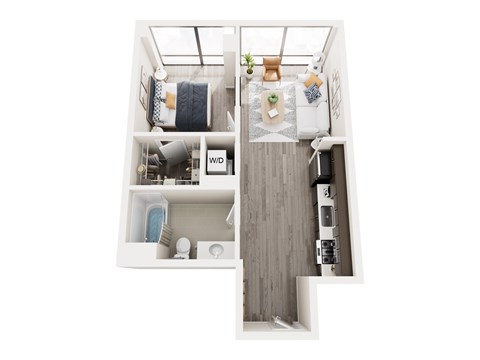 Floor plan for 1 bed, 1 bath, 596 sqft